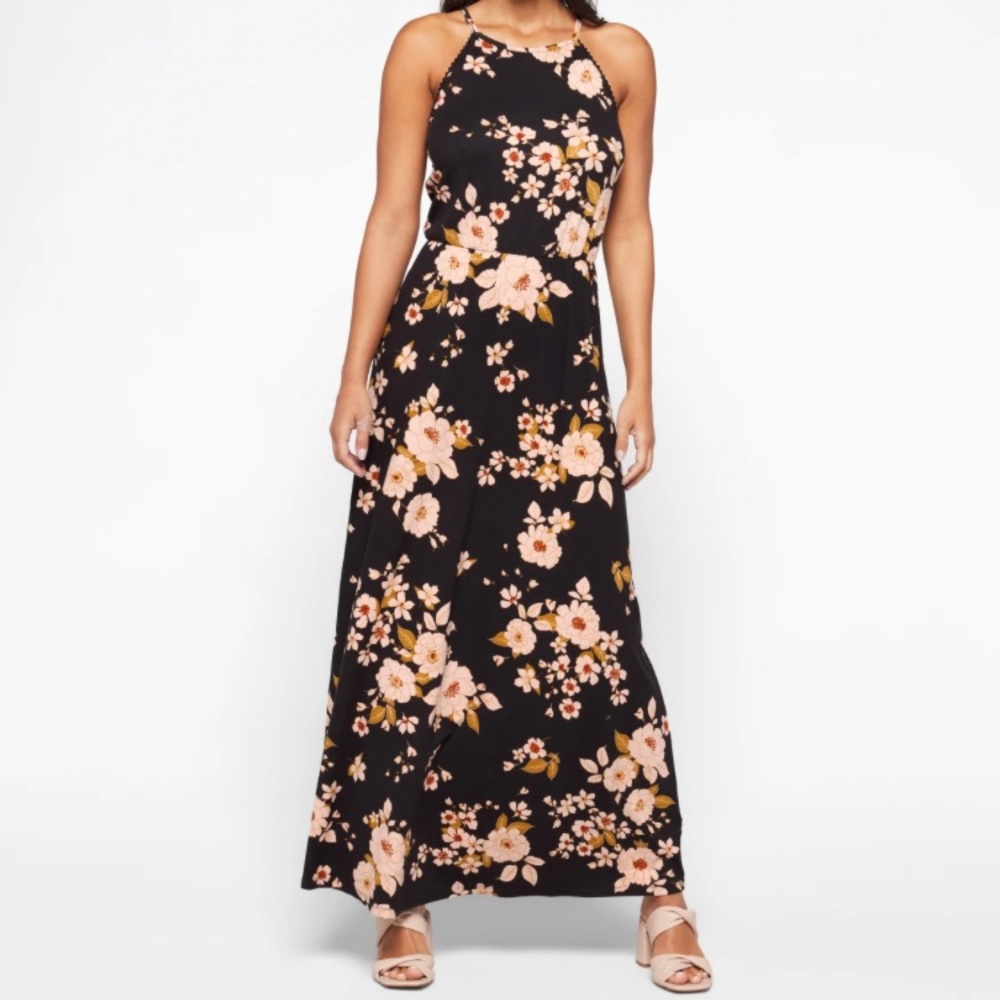 French Grey Zoe Knit Maxi Dress Black with Floral Pattern, Size Small